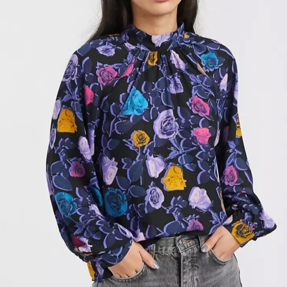 Monki rose print high neck blouse